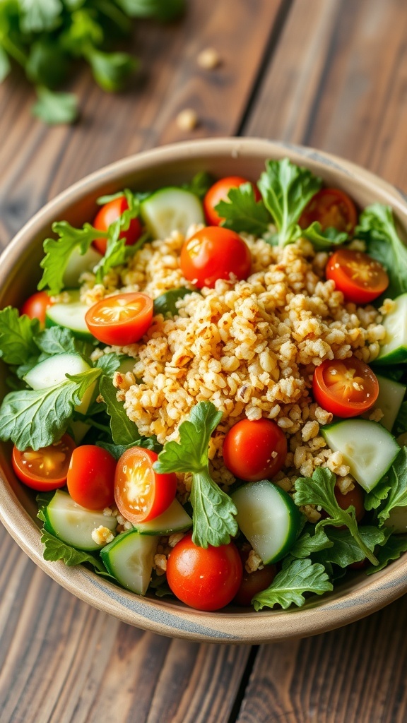 A fresh salad with crispy quinoa topping, cherry tomatoes, cucumbers, and greens in a rustic bowl.